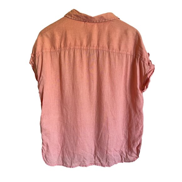 Nicole Miller Size Small Salmon Pink Orange 100% Linen Collared Popover Short Sl - Picture 2 of 5